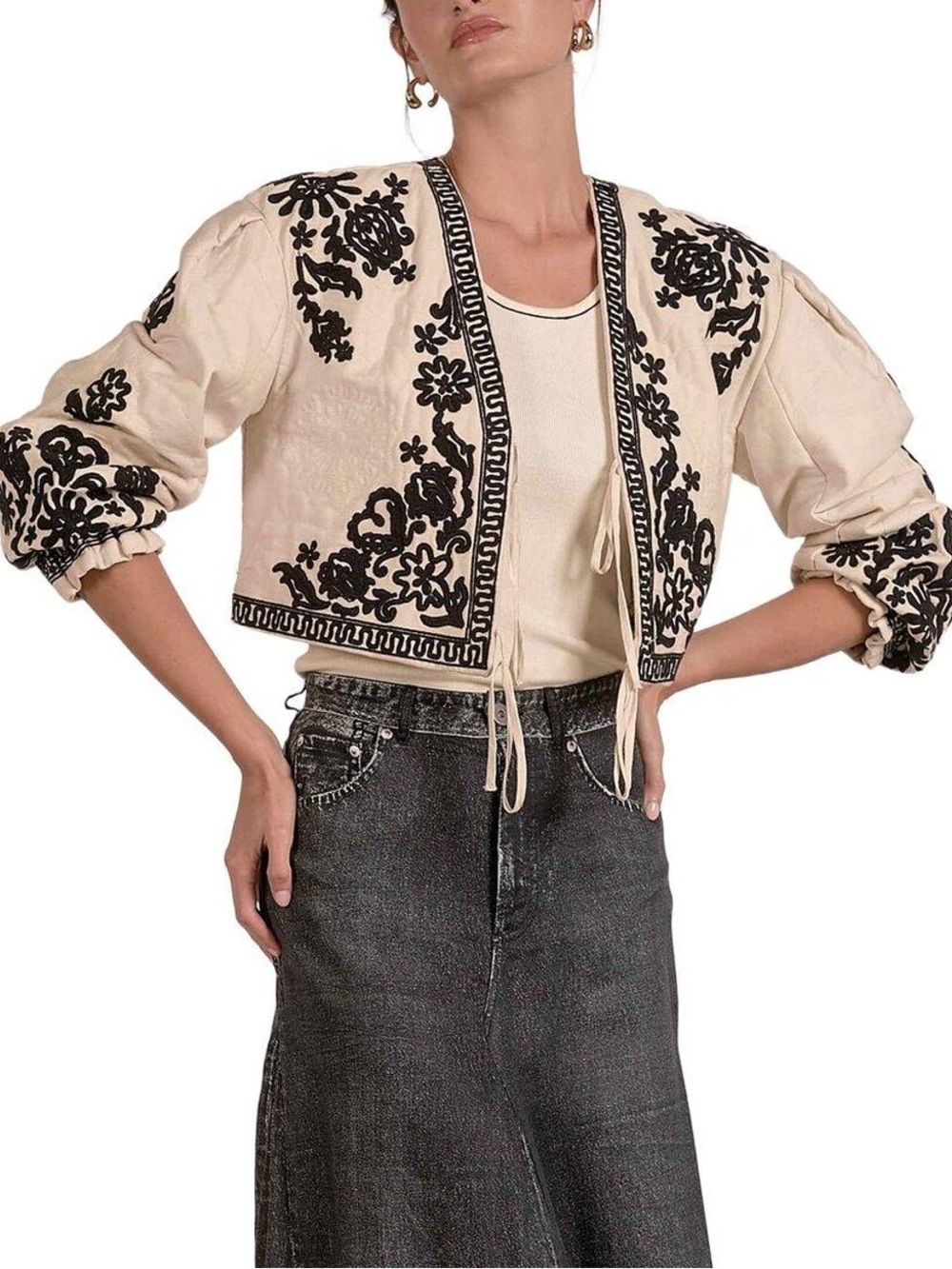 Elan Cream Cropped Jacket with Black Floral Embroidery